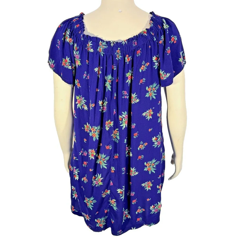 Peyton & Parker Casual Dress Size L Short Sleeve Gathered Neck Royal Blue Floral